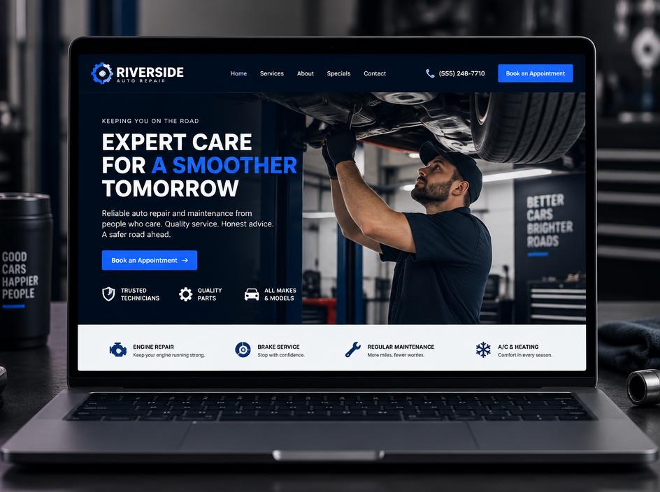 Riverside Auto Repair website homepage mockup